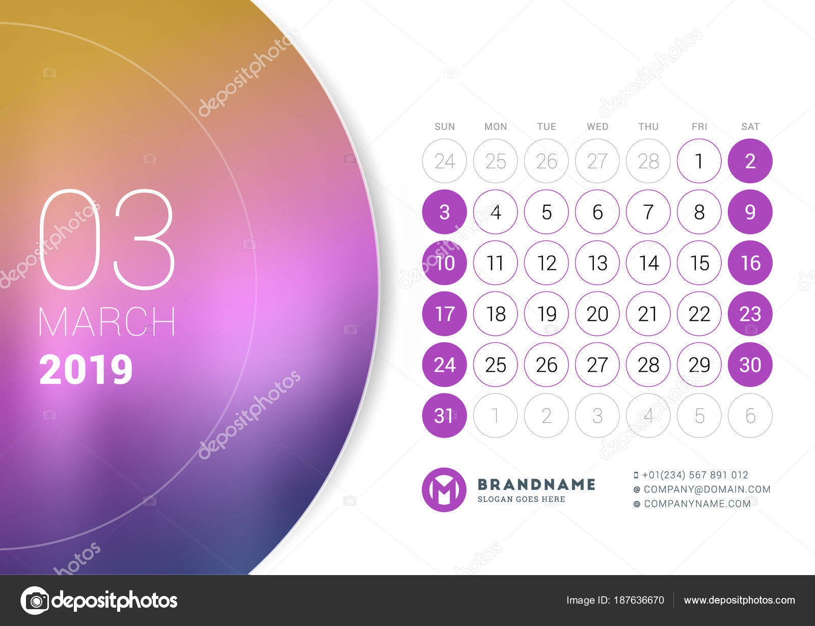 Marzo 2019 Calendario Da Tavolo Per Lanno 2019 Modello