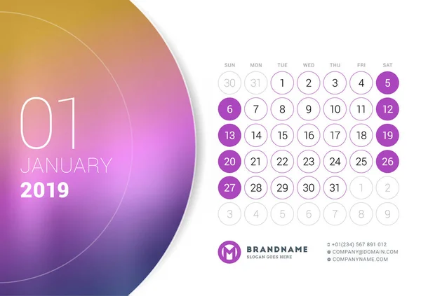 Ιανουαρίου 2019. Επιτραπέζιο ημερολόγιο για το έτος 2019. Διάνυσμα πρότυπο εκτύπωσης σχεδίασης με θέση για φωτογραφία. Εβδομάδα ξεκινά την Κυριακή — Διανυσματικό Αρχείο