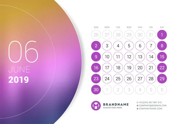 Junio 2019. Calendario de escritorio para 2019 año. Plantilla de impresión de diseño vectorial con lugar para la foto. La semana comienza el domingo — Archivo Imágenes Vectoriales
