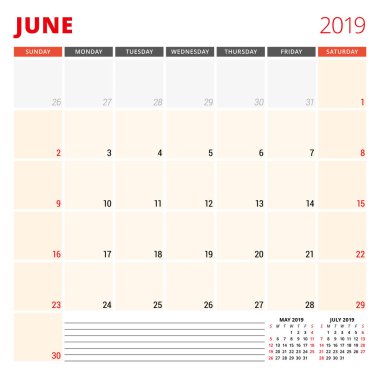 Haziran 2019 takvim planlayıcısı şablonu. Hafta Pazar günü başlar. Vektör çizim