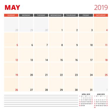 Mayıs 2019 takvim planlayıcısı şablonu. Hafta Pazar günü başlar. Vektör çizim