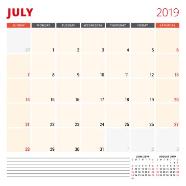 Takvim planlayıcısı şablonu Temmuz 2019. Hafta Pazar günü başlar. Vektör çizim