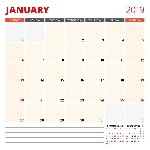 Modelo de planejador de calendário para janeiro de 2019. A semana começa no domingo. Ilustração vetorial — Vetor de Stock