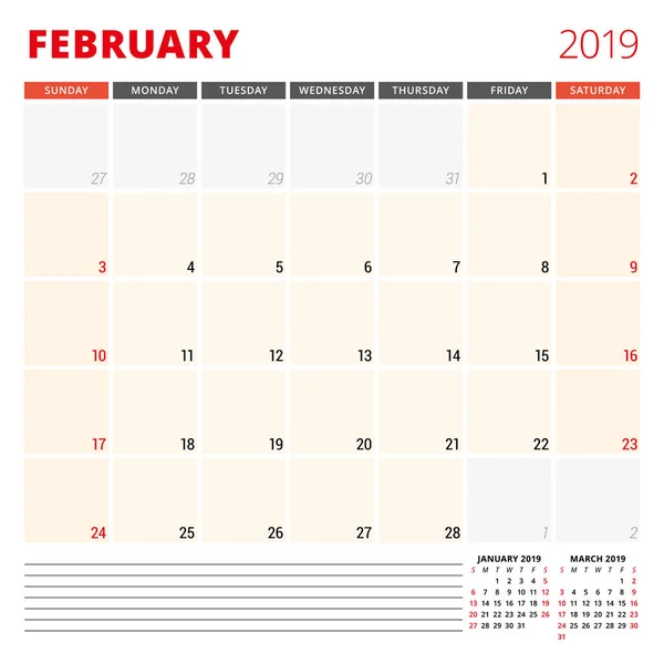 Kalendarz planowania szablon dla lutego 2019. Tydzień rozpoczyna się w niedzielę. Ilustracja wektorowa — Wektor stockowy