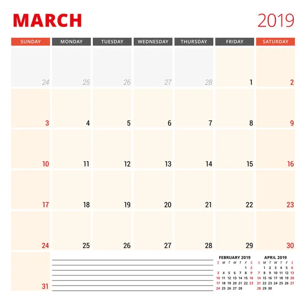 Kalendarz planowania szablon do marca 2019. Tydzień rozpoczyna się w niedzielę. Ilustracja wektorowa — Wektor stockowy