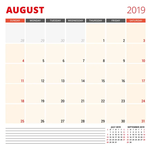 Шаблон планировщика календаря на август 2019 года. Неделя начинается в воскресенье. Векторная иллюстрация — стоковый вектор