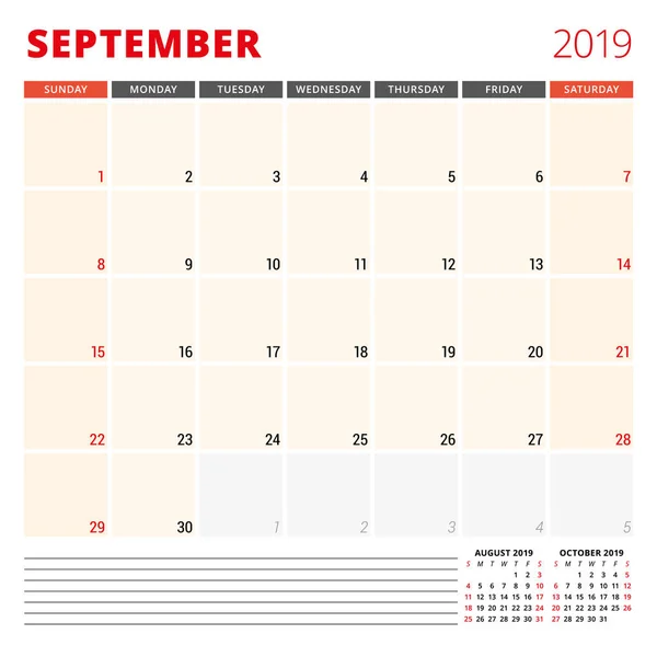 Шаблон планировщика календаря на сентябрь 2019 года. Неделя начинается в воскресенье. Векторная иллюстрация — стоковый вектор