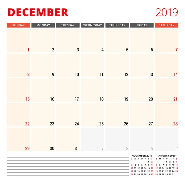 Modelo de planejador de calendário para dezembro de 2019. A semana começa no domingo. Ilustração vetorial —  Vetores de Stock