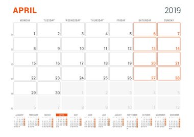 Nisan 2019. 2019 yıl için takvim planlayıcısı. Vektör tasarım yazdırma şablonu. Hafta sarts Pazartesi günü