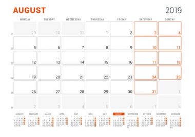 Ağustos 2019. 2019 yıl için takvim planlayıcısı. Vektör tasarım yazdırma şablonu. Hafta sarts Pazartesi günü