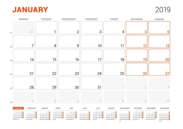 Janeiro de 2019. Planejador de calendário para 2019 ano. Modelo de impressão de design vetorial. Semana sarts na segunda-feira — Vetor de Stock