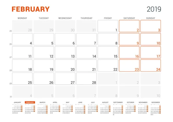 Fevereiro de 2019. Planejador de calendário para 2019 ano. Modelo de impressão de design vetorial. Semana sarts na segunda-feira — Vetor de Stock