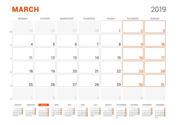 Março de 2019. Planejador de calendário para 2019 ano. Modelo de impressão de design vetorial. Semana sarts na segunda-feira — Vetor de Stock