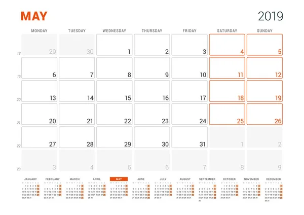 Maja 2019. Planner kalendarz na rok 2019. Wektor szablon wydruku projektu. Sarts tydzień w poniedziałek — Wektor stockowy