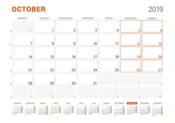 Říjen 2019. Kalendář planner pro rok 2019. Vektorový tisk šablona návrhu. Sarts týden v pondělí — Stockový vektor
