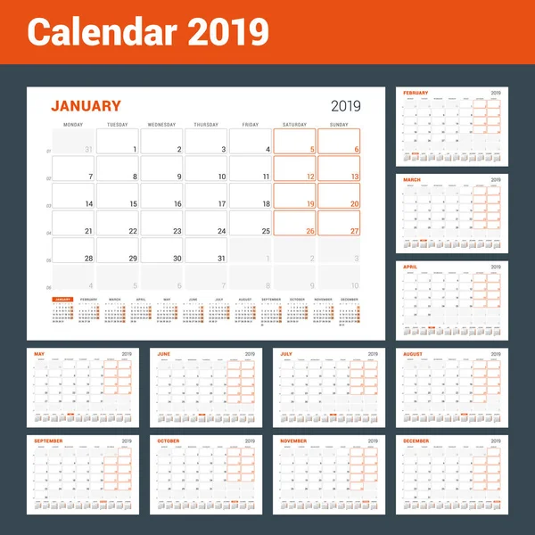 Planejador de calendário para 2019 ano. Conjunto de 12 páginas. Modelo de impressão de design vetorial. Semana sarts na segunda-feira —  Vetores de Stock