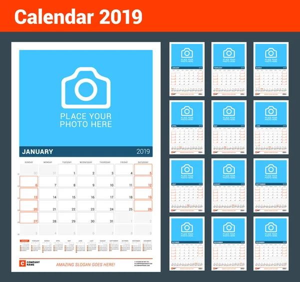 Calendário de parede para 2019 ano. Modelo de impressão de design vetorial com local para foto e calendário de ano. Semana sarts no domingo —  Vetores de Stock