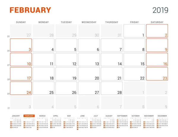 Fevereiro de 2019. Planejador de calendário para 2019 ano. Modelo de impressão de design vetorial. Semana sarts no domingo — Vetor de Stock