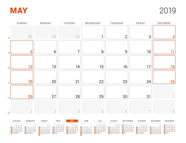 Maja 2019. Planner kalendarz na rok 2019. Wektor szablon wydruku projektu. Sarts tydzień w niedzielę — Wektor stockowy