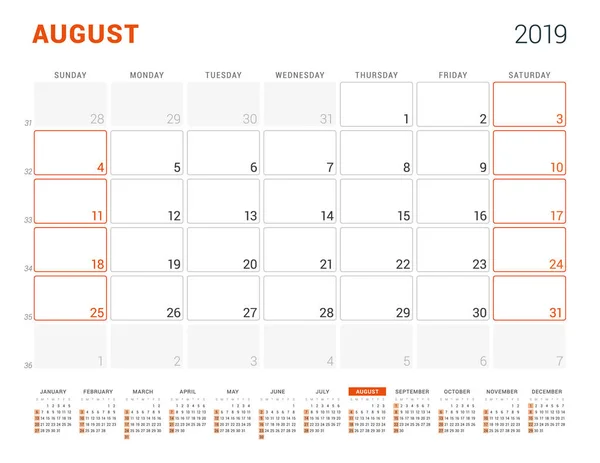 Август 2019 года. Планировщик календаря на 2019 год. Шаблон векторной печати. Неделя сарт в воскресенье — стоковый вектор