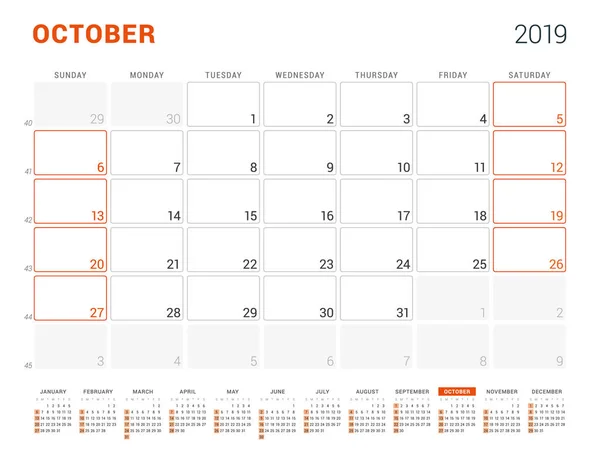 Październik 2019. Planner kalendarz na rok 2019. Wektor szablon wydruku projektu. Sarts tydzień w niedzielę — Wektor stockowy