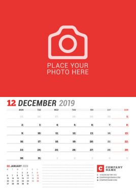 Duvar takvimi planlayıcısı 2019 yıl için. Aralık. Vektör yazdırma şablonu fotoğraf için bir yer. Hafta Pazartesi günü başlar