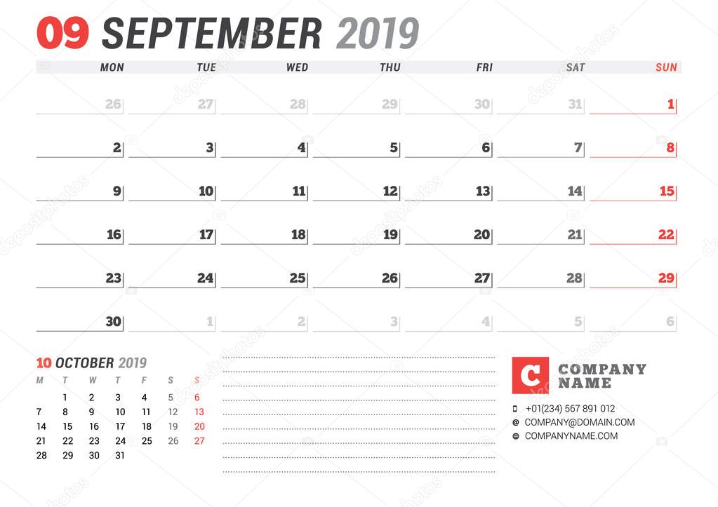 Calendar template for September 2019. Business planner. Stationery design. Week starts on Monday. 2 Months on the page. Vector illustration