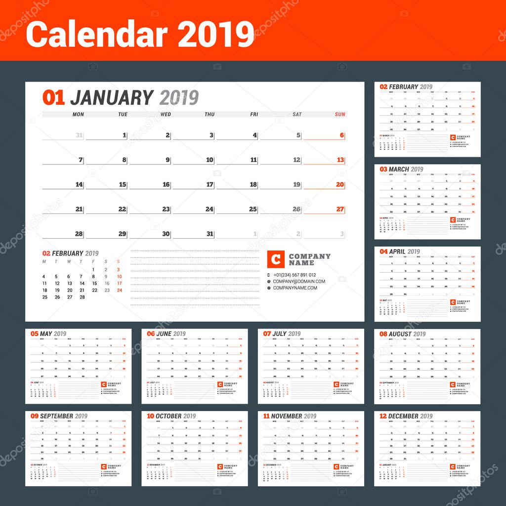 Calendar template for 2019 year. Business planner. Stationery design. Week starts on Monday. Set of 12 months. Vector illustration