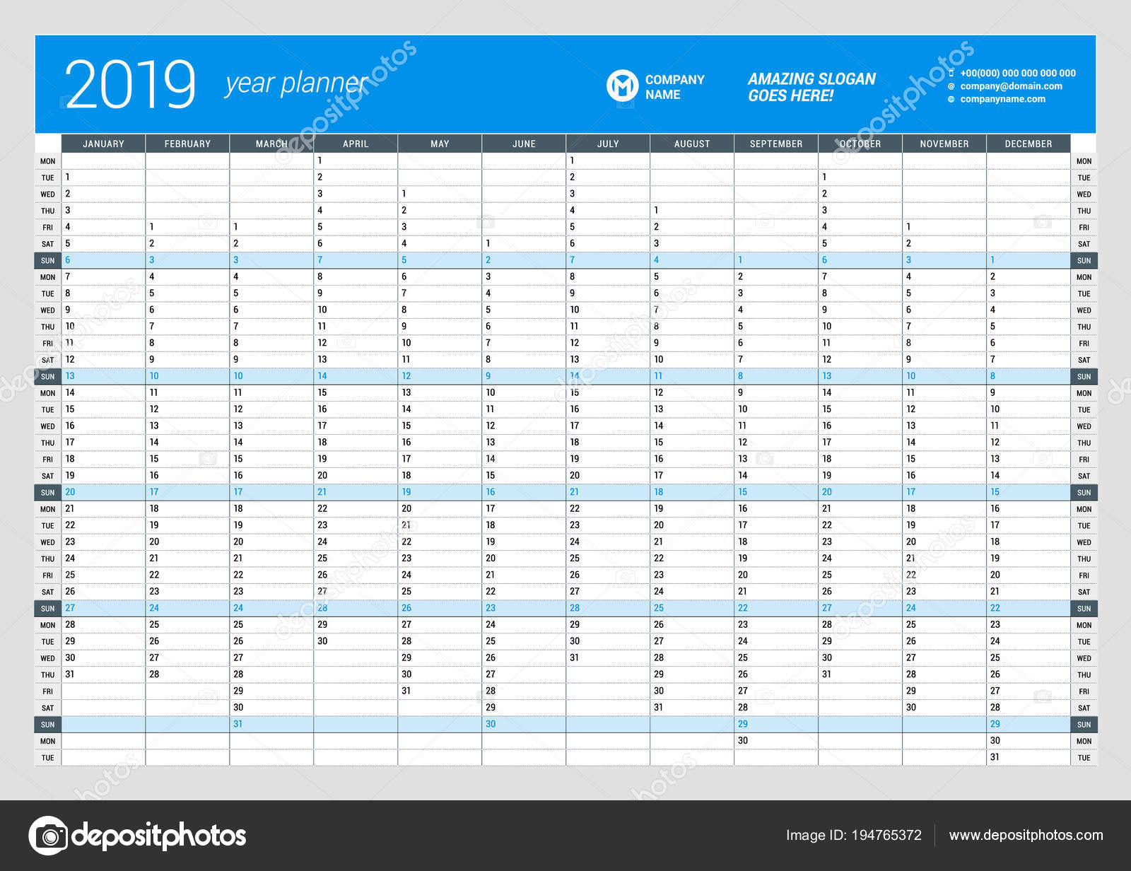 2019 Yearly Planner Vektorler 2019 Yearly Planner Vektor Cizimler Vektorel Grafik Depositphotos