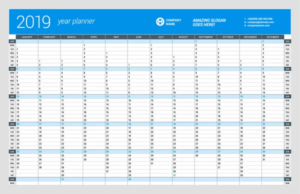 Modelo de Planejador de Calendário de Parede Anual para 2019 Ano. Modelo de impressão de design vetorial. Semana começa domingo — Vetor de Stock