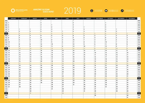 Modelo de Planejador de Calendário de Parede Anual para 2019 Ano. Modelo de impressão de design vetorial. Semana começa segunda-feira —  Vetores de Stock