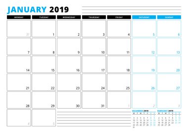 Takvim şablonu Ocak 2019. İş planlayıcısı şablonu. İleti örneği tasarımı. Hafta Pazartesi günü başlar. 3 ay sayfasında. Vektör çizim