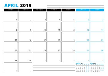 Takvim şablonu Nisan 2019. İş planlayıcısı şablonu. İleti örneği tasarımı. Hafta Pazartesi günü başlar. 3 ay sayfasında. Vektör çizim