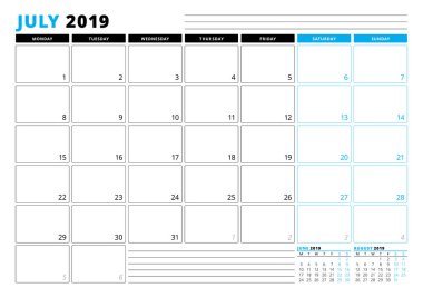 Takvim şablonu Temmuz 2019. İş planlayıcısı şablonu. İleti örneği tasarımı. Hafta Pazartesi günü başlar. 3 ay sayfasında. Vektör çizim