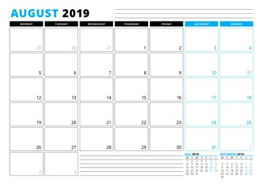 Takvim şablonu Ağustos 2019. İş planlayıcısı şablonu. İleti örneği tasarımı. Hafta Pazartesi günü başlar. 3 ay sayfasında. Vektör çizim
