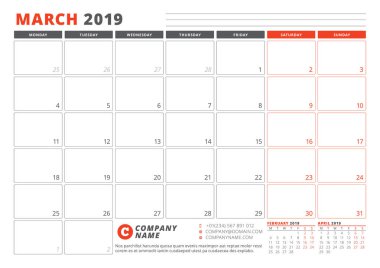 Takvim şablonu Mart 2019. İş planlayıcısı şablonu. İleti örneği tasarımı. Hafta Pazartesi günü başlar. 3 ay sayfasında. Vektör çizim