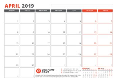 Takvim şablonu Nisan 2019. İş planlayıcısı şablonu. İleti örneği tasarımı. Hafta Pazartesi günü başlar. 3 ay sayfasında. Vektör çizim
