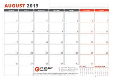 Takvim şablonu Ağustos 2019. İş planlayıcısı şablonu. İleti örneği tasarımı. Hafta Pazartesi günü başlar. 3 ay sayfasında. Vektör çizim