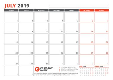 Takvim şablonu Temmuz 2019. İş planlayıcısı şablonu. İleti örneği tasarımı. Hafta Pazartesi günü başlar. 3 ay sayfasında. Vektör çizim
