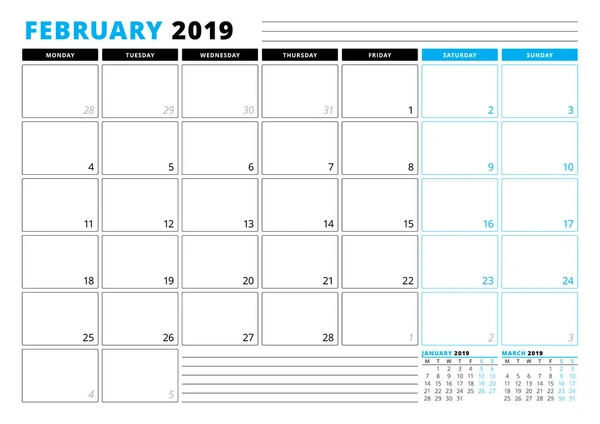Modelo de calendário para fevereiro de 2019. Modelo de Business Planner. Desenho de papelaria. A semana começa na segunda. 3 Meses na página. Ilustração vetorial —  Vetores de Stock
