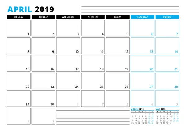 Szablon kalendarza dla kwietnia 2019. Szablon planowania biznesowego. Projektowanie papeterii. Tydzień rozpoczyna się w poniedziałek. 3 miesięcy na stronie. Ilustracja wektorowa — Wektor stockowy