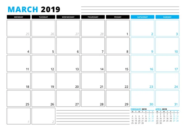 Szablon kalendarza do marca 2019. Szablon planowania biznesowego. Projektowanie papeterii. Tydzień rozpoczyna się w poniedziałek. 3 miesięcy na stronie. Ilustracja wektorowa — Wektor stockowy