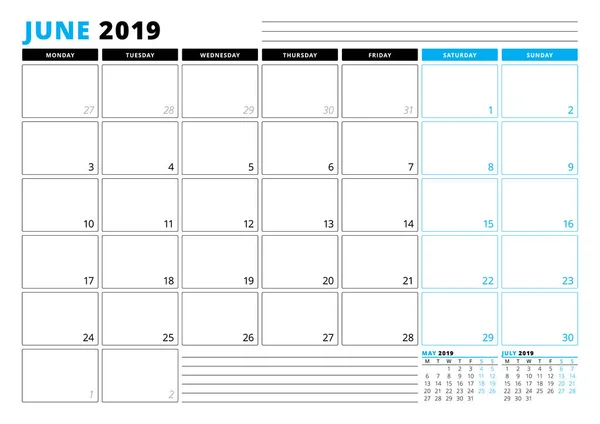 Szablon kalendarza dla czerwca 2019. Szablon planowania biznesowego. Projektowanie papeterii. Tydzień rozpoczyna się w poniedziałek. 3 miesięcy na stronie. Ilustracja wektorowa — Wektor stockowy