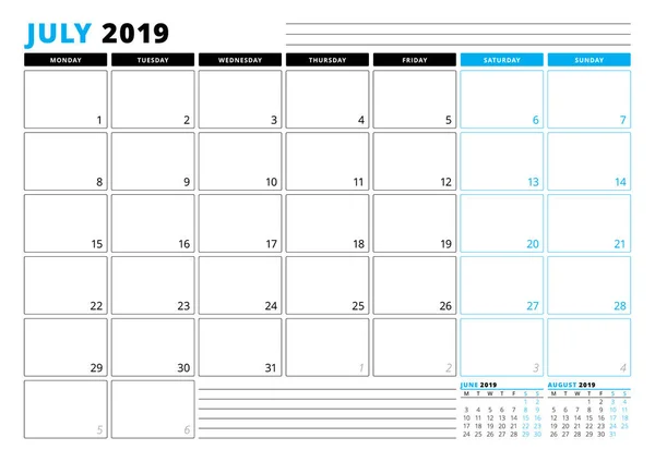 Шаблон календаря на июль 2019 года. Канцелярский дизайн. Неделя начинается в понедельник. 3 месяца на странице. Векторная миграция — стоковый вектор