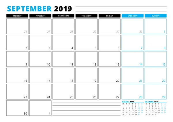 Шаблон календаря на сентябрь 2019 года. Канцелярский дизайн. Неделя начинается в понедельник. 3 месяца на странице. Векторная миграция — стоковый вектор