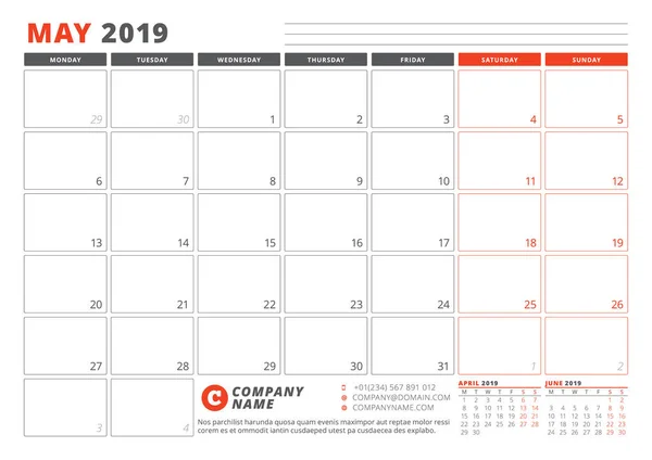 Szablon kalendarza dla maja 2019. Szablon planowania biznesowego. Projektowanie papeterii. Tydzień rozpoczyna się w poniedziałek. 3 miesięcy na stronie. Ilustracja wektorowa — Wektor stockowy