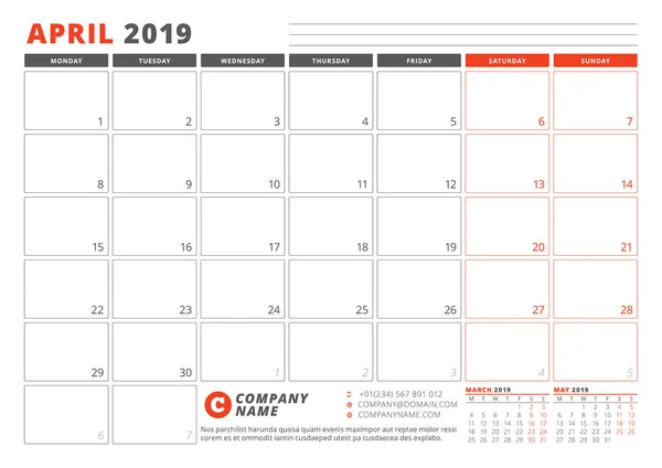 Szablon kalendarza dla kwietnia 2019. Szablon planowania biznesowego. Projektowanie papeterii. Tydzień rozpoczyna się w poniedziałek. 3 miesięcy na stronie. Ilustracja wektorowa — Wektor stockowy