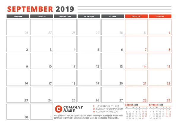 Szablon kalendarza dla września 2019. Szablon planowania biznesowego. Projektowanie papeterii. Tydzień rozpoczyna się w poniedziałek. 3 miesięcy na stronie. Ilustracja wektorowa — Wektor stockowy