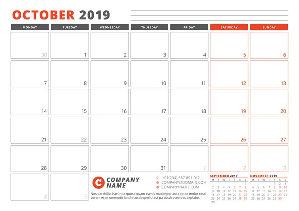 Szablon kalendarza dla października 2019. Szablon planowania biznesowego. Projektowanie papeterii. Tydzień rozpoczyna się w poniedziałek. 3 miesięcy na stronie. Ilustracja wektorowa — Wektor stockowy