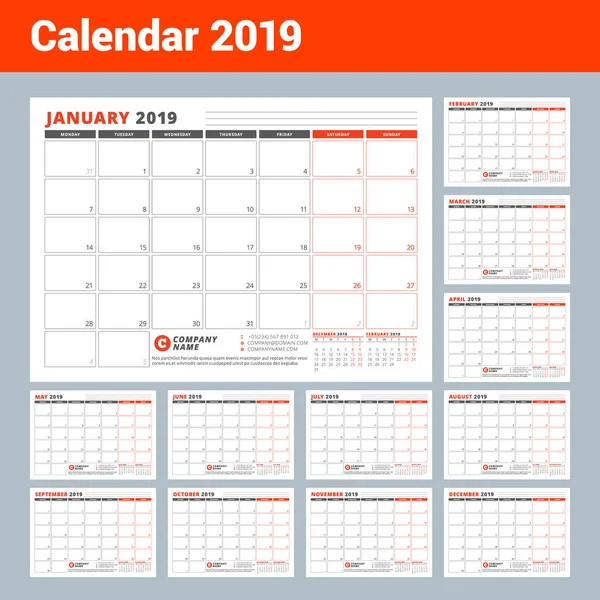Calendar Template for 2019 Year. Business Planner Template. Stationery Design. Week starts on Monday. Set of 12 months. Vector Illustration — Stock Vector